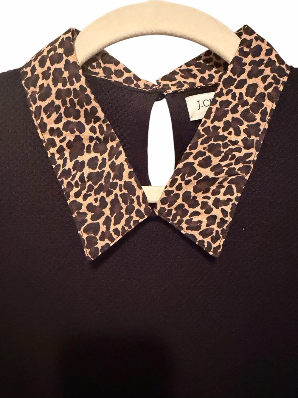 J. Crew Black Crewneck Long Sleeve Sweater w/ Leopard Print Collar Medium NWOT